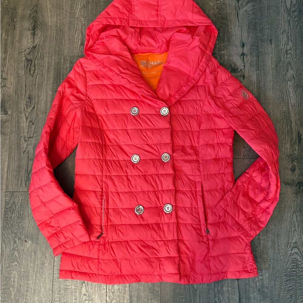 Michael‎ Kors Women’s Double-Breasted Hooded Puffer Jacket - Coral Pink sz Lrg